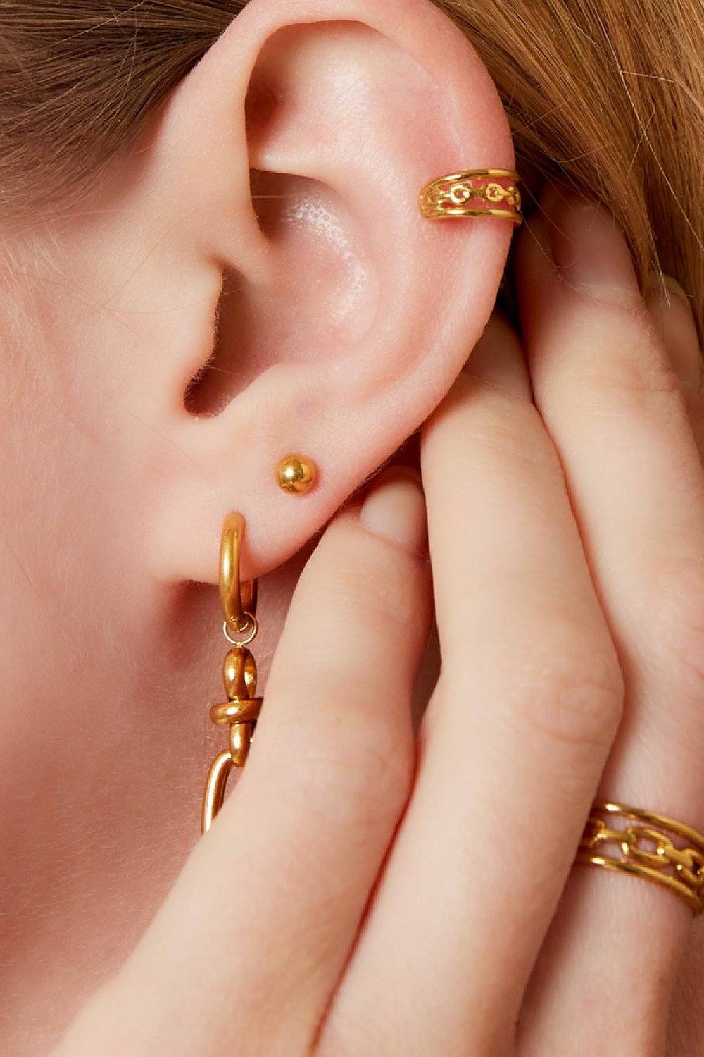 Dreifache Ohrstulpe im Kettenstil Goldfarbe Edelstahl h5Bild2